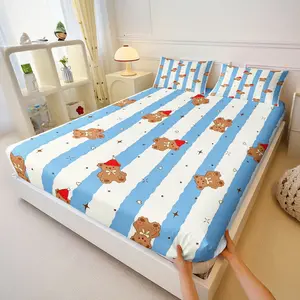 3-Piece Set of Fresh and Cute Cartoon Teddy Bear Print Fitted Sheet Sets, Lightweight And Breathable With a Zipper Closure, Perfect for Teens and Children an Ideal Gift for Decorating Bedrooms and Guest Rooms