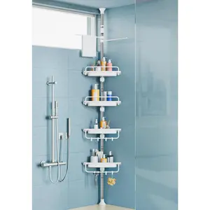 32-122inch Corner Shower  Tension Pole White, Rustproof Drill-Free Shower Shelves for Bathroom Bathtub Washbasin, Adjustable Shower Organizer with 4 Tier   Shelves & Towel Bars