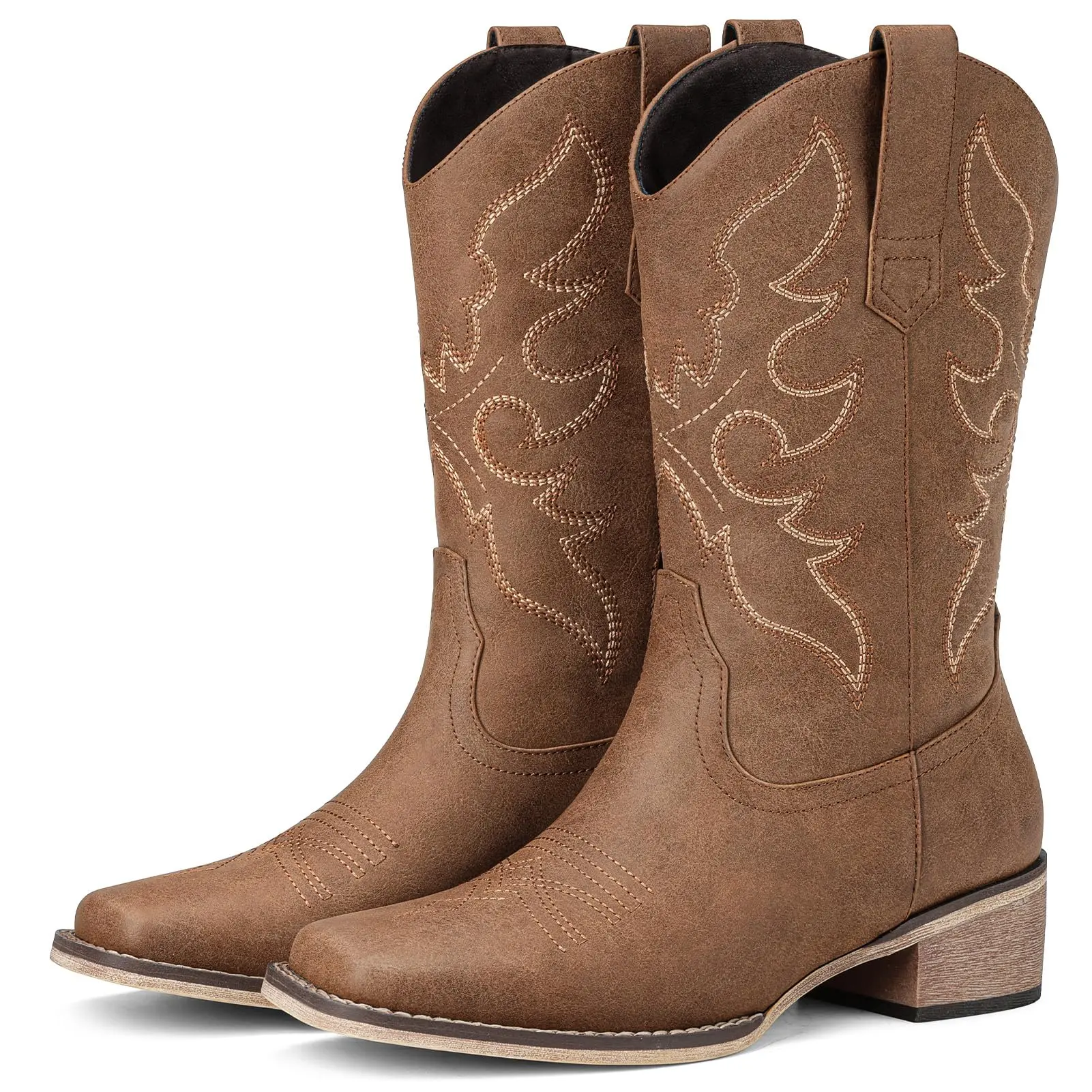 Pasuvo Cowboy Boots for Women Square Toe - Mid Calf Western Cowgirl Boots with Embroidery, Pull On Low Chunky Heel Fashion Footwear for Daily