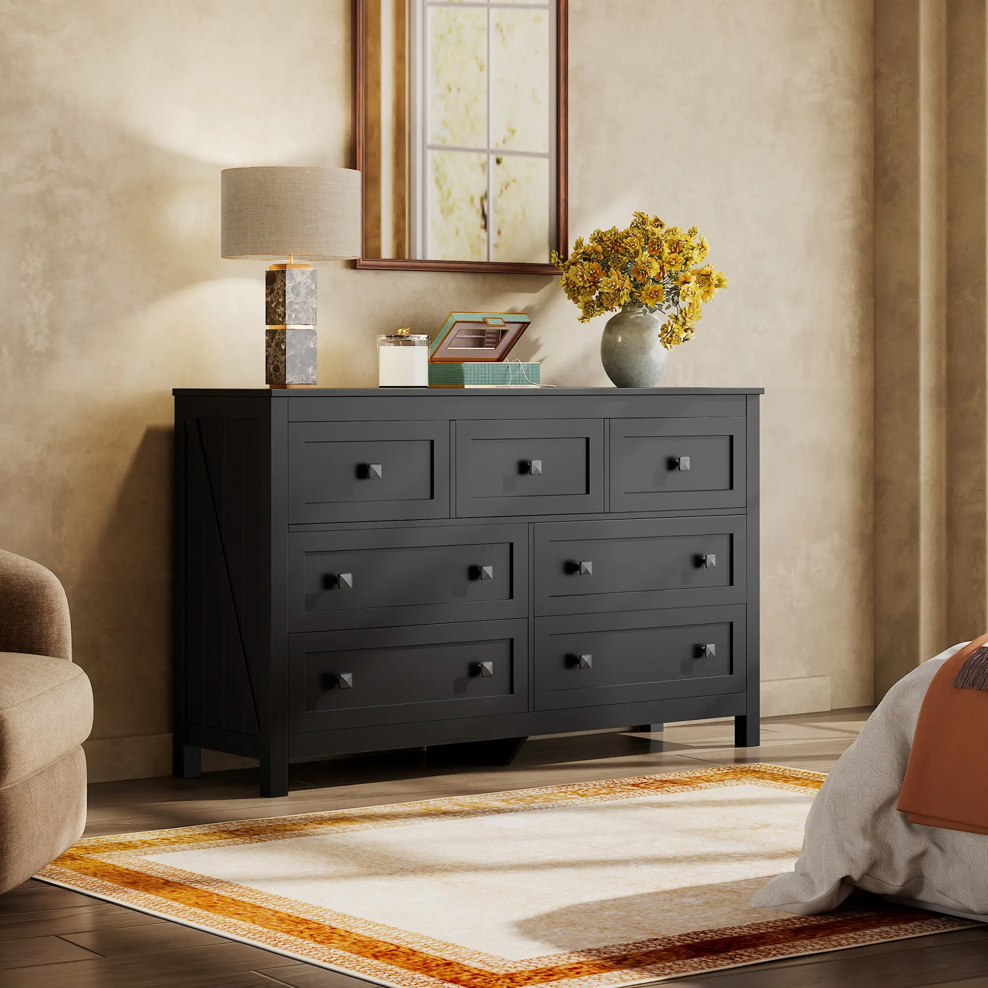 WLIVE Farmhouse Dresser for Bedroom, 51.18'' Wide 7 Drawer Wood Dresser, TV Stand for 65 inch TV, Wooden Chest of Drawers for Bedroom, Modern Clothes Organizer for Living Room, Hallway - TikTok Shop WLIVE Farmhouse Dresser for Bedroom, 51.18'' Wide 7 Drawer Wood Dresser, TV Stand for 65 inch TV, Wooden Chest of Drawers for Bedroom, Modern Clothes Organizer for Living Room, Hallway - TikTok Shop