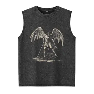 Archangel Michael Washed Vest Christian Streetwear Religious Gift for Him or Her Faith Apparel Comfort Tee Church Wear Catholic Clothing, Washed denim T-shirt, high quality Washed Vest