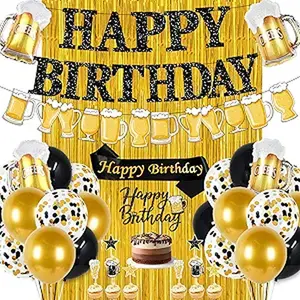 Black and Gold Birthday Decorations, 45PCS Happy Birthday Balloons Decorations for Men with Balloons Banner Sash Foil Fringe Curtain, Black and Gold Party Balloon Decoration Supplies for Men Boys