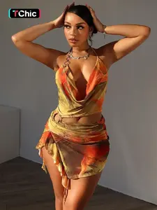 Women's All Over Print Backless Cami Dress, Fashion Draped Ring Linked Split Thigh Halter Neck Dress for Summer, Ladies Clothes for Beach Holiday, Dresses for Women, Summer Dresses, Womenswear