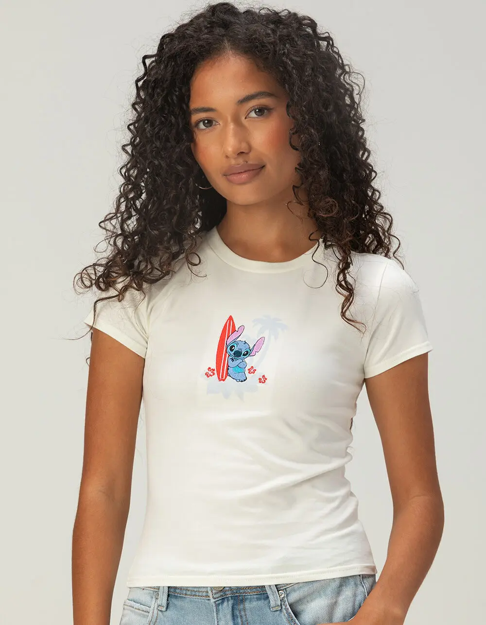 RSQ Disney Stitch Beach Scene Womens Embroidered Baby Tee