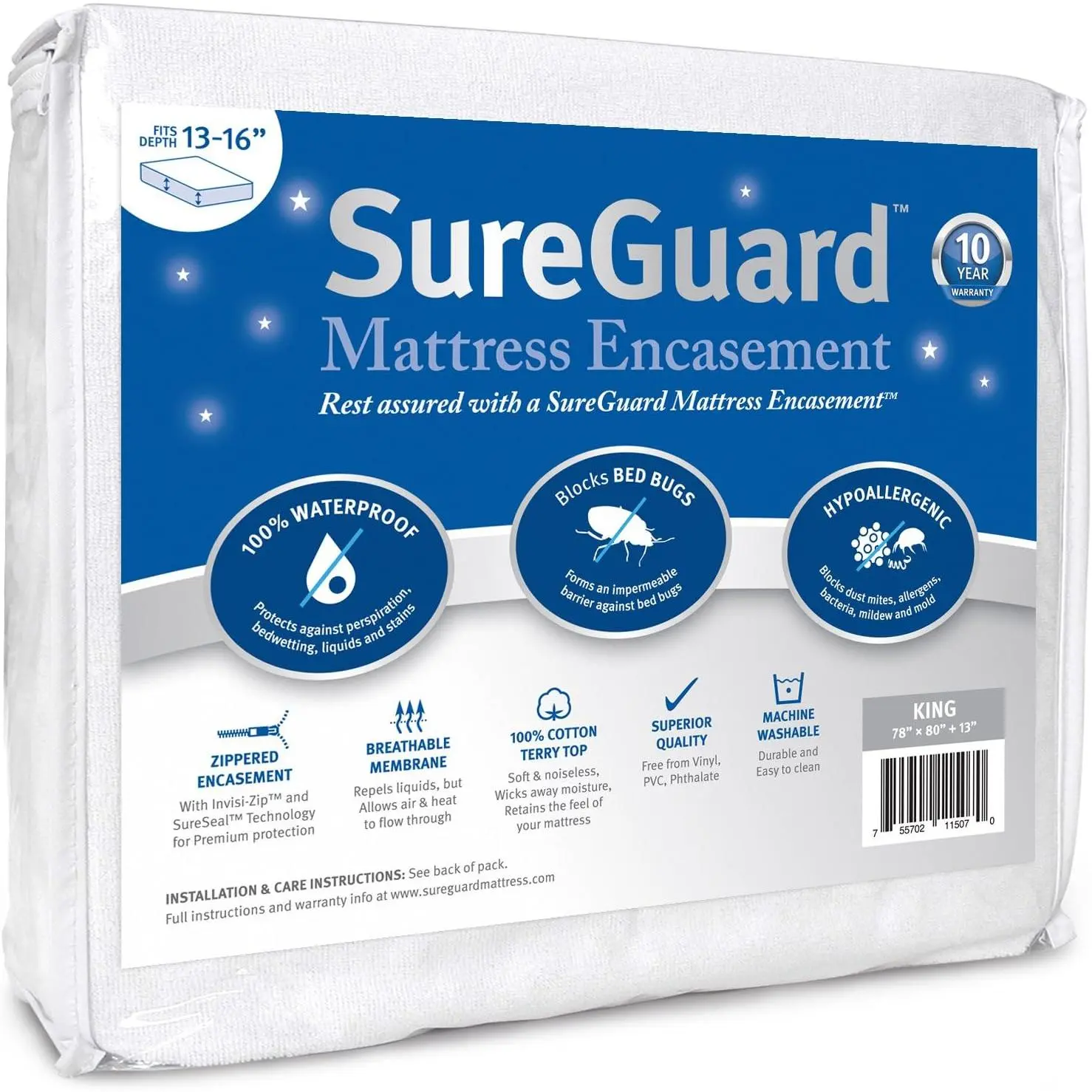 King (13-16 in. Deep) Mattress Encasement - 100% Waterproof, Bed Bug Proof, Hypoallergenic - Premium Zippered Six-Sided Cover
