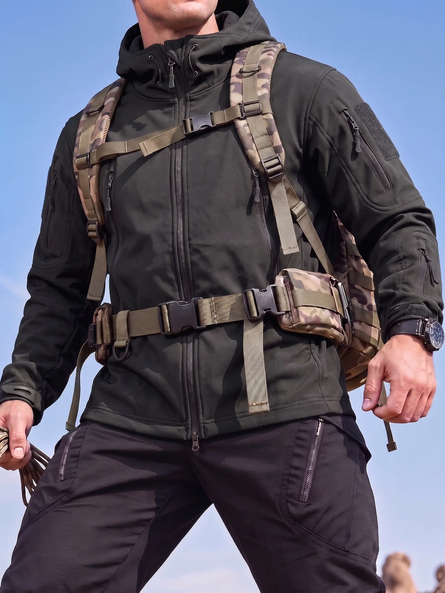 Men’s tactical softshell hooded jacket with full zip, wind-resistant outdoor hoodie, multi-pocket utility coat for hiking, camping, hunting, and travel
