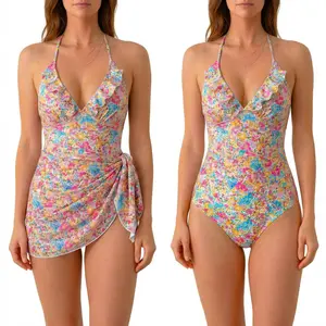 Women's Pink Floral Pattern One-Piece Swimwear with Detachable Sarong Skirt Knot Side | Floral Ruffle V-Neck Tummy Control Halter Bathing Suit Modest Wrap Cover Up for Beach Vacation