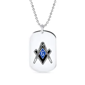 Men's Freemason Dog Tag Pendant Necklace Masonic Compass Black Blue Silver Tone Stainless Steel