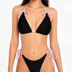 SEAMOLY Women's Solid Color Bikini Set women swimsuits for 2026 with Bow Detail & Contrast Piping Adjustable Tie-Side Bottoms Figure-Defining Silhouette for Beachwear, swimsuits 2 piece