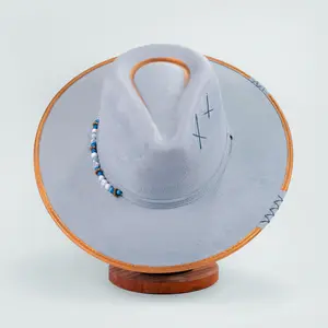 Handcrafted Boho Kuntur Azul Hat – Dusty Blue Suede Fedora with Gold Trim & Beaded Accent