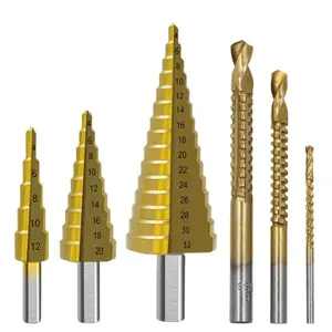 1 box of stepped drill bit set, 6 drill bits including 4-32 4-20 4-12mm and 3 6 8mm titanium chromium cast iron drill bit sets, suitable for woodworking, plastic and metal core drilling, replaceable, with storage box