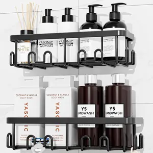 Adhesive Shower Caddy, 2 Pack Black Shower Shelves for Inside Shower, Rustproof Shower Organizer with Soap and Toothbrush Holder, No Drilling Shower Storage for Bathroom/Kitchen