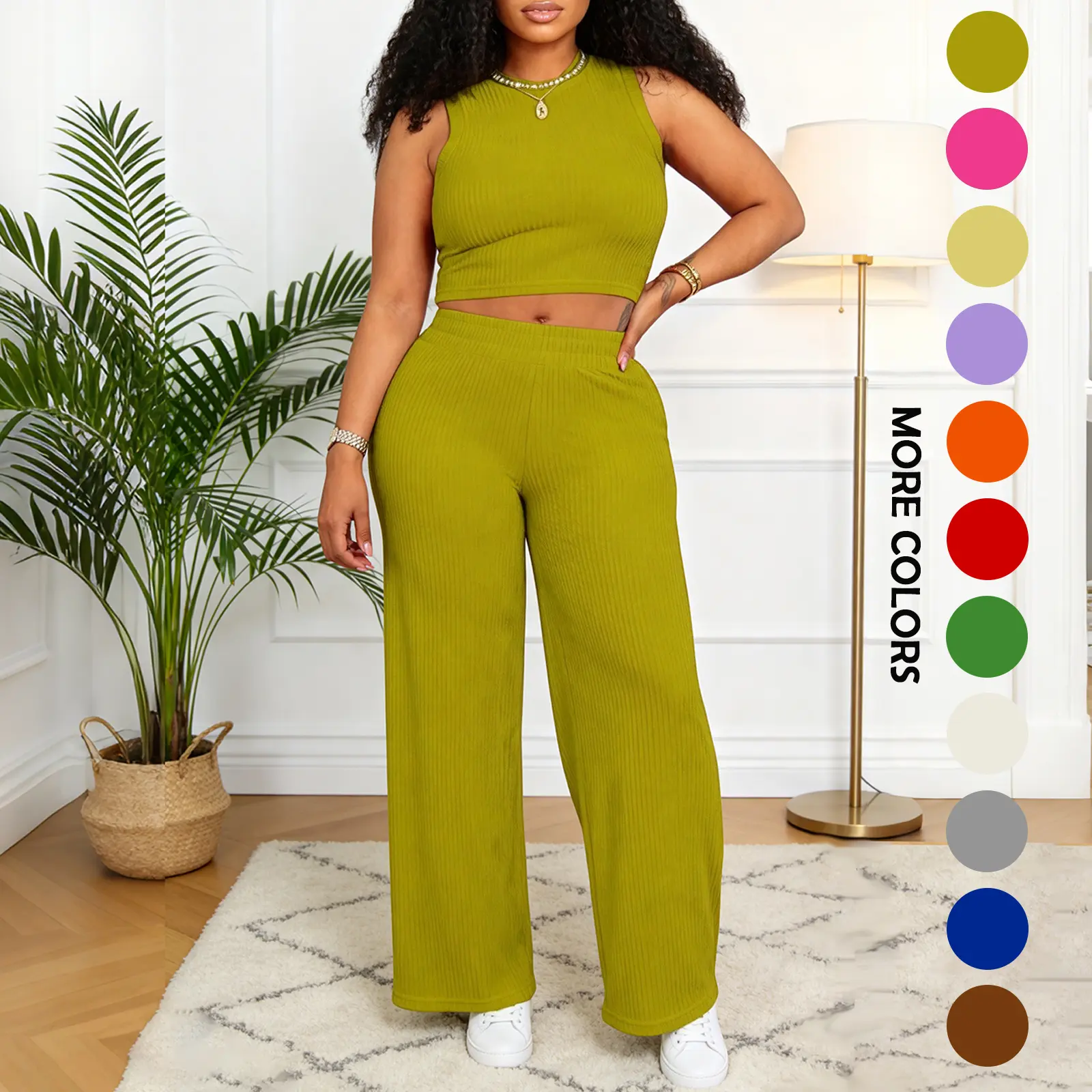Women's Chevron Ribbed Loungewear Set - Sleeveless Crop Top + Wide Leg Pants, Comfy & Stylish for Every Occasion