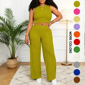 Women's Chevron Ribbed Loungewear Set - Sleeveless Crop Top + Wide Leg Pants, Comfy & Stylish for Every Occasion