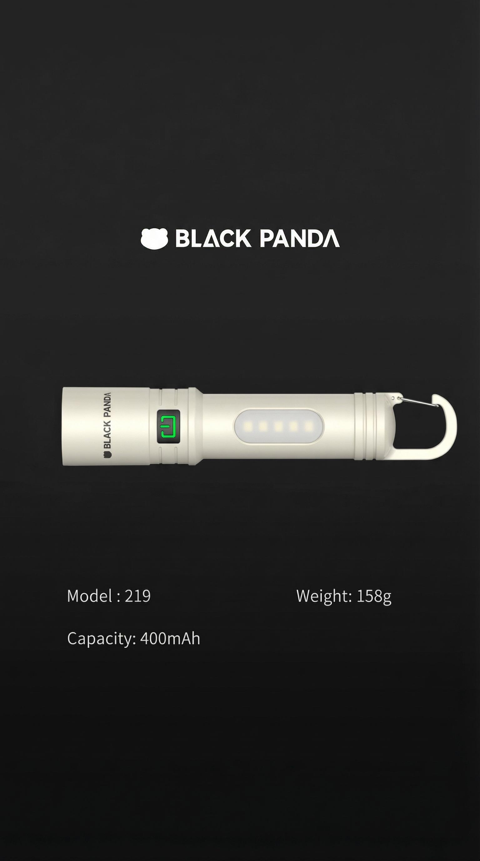 Black Panda Portable Flashlight with Hook Built-in Tail Hanger COB Side Light  Max 500 Lumens TYPE-C Quick Charge Perfect Companion for Hiking and Camping