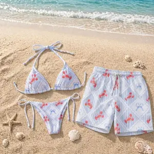 Lobster Print Bikini Set, Coastal Beach Swimwear, Nautical Summer Swimsuit, Matching Swim Shorts SFV