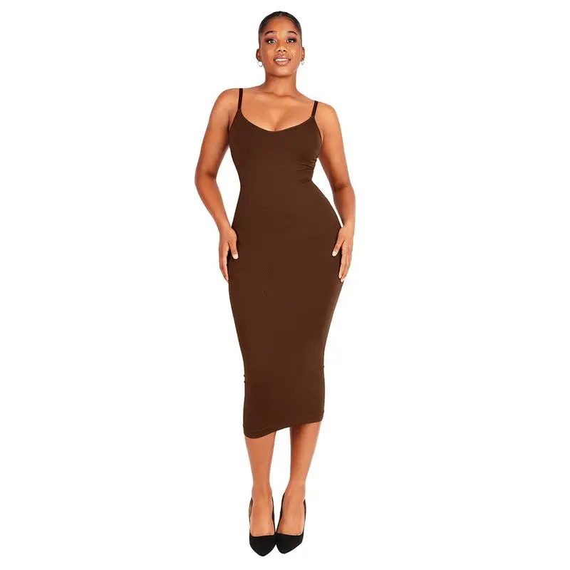 FeelinGirl Seamless Spaghetti Strap V-neck Maxi Built-in Shaper Dress Basic Casual Fabric Womenswear Comfortable Lady