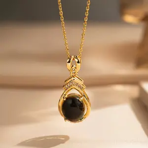 Black Stone Pendant Necklace for Women, Gold CZ Crystal Charm Jewelry Gift