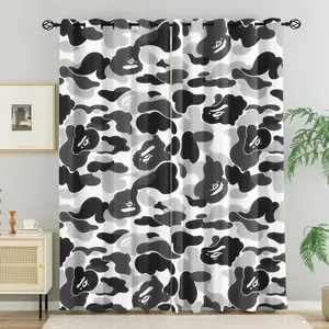 Cool Industrial Style Camouflage Black White Camo Ape Head Blackout Curtain 2Pcs/Set, No-Hole Ring Design, Washable Fabric, Bedroom Gaming Room Dorm UV Protection, Streetwear Style Window Drapes Home Decor