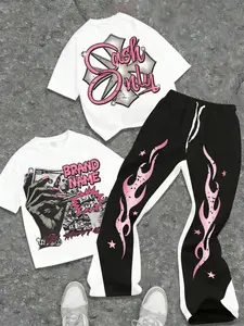 Men's Themed Two-Piece Outfit, Anime Character Print Short Sleeve T-Shirt & Flame Star Print Side Stripe Track Pants, Retro Streetwear Set