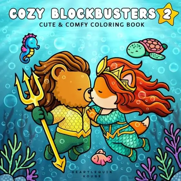 Cozy Blockbusters 2 English Coloring Book - Cute Animal Movie Theme Parody Scenes, 40 Hand-Drawn 8.5x8.5in Bold Easy-to-Color Pages, Mindfulness Stress Relief Activity Book for Adults (Cozy Legends + Bonus Printable Pages), Coloring Books