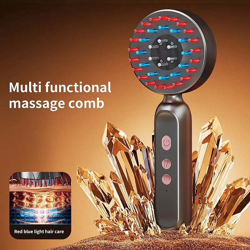 Multifunctional Red and Blue Light Electric Massage Comb - Hair Care Device with Three Levels of Vibration Massage. Red Light Promotes Circulation, Blue Light Controls Oil. Head Meridians Unblock, Scalp Care Tool. Home Portable Rechargeable Hair Therapy D