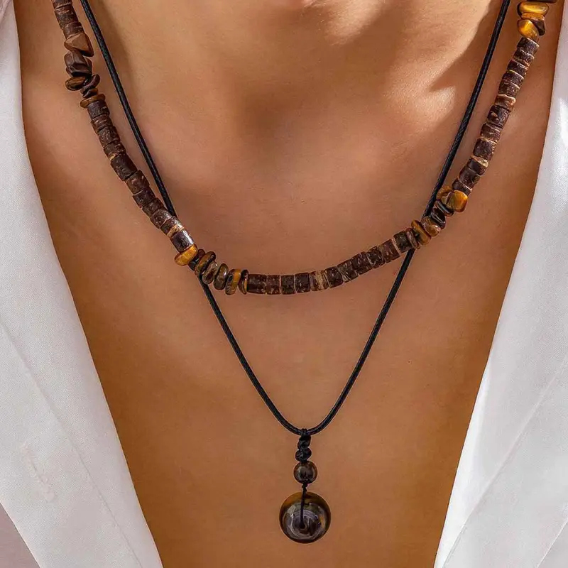 Men's Vintage Wooden Beads Necklace, Beaded Necklace, Fashionable Double Layer Necklace for Party, Daily Decor, Decorative Necklace, Trendy All-match & Exquisite Jewelry for Birthday Gift, Fashionable Jewelry Accessories