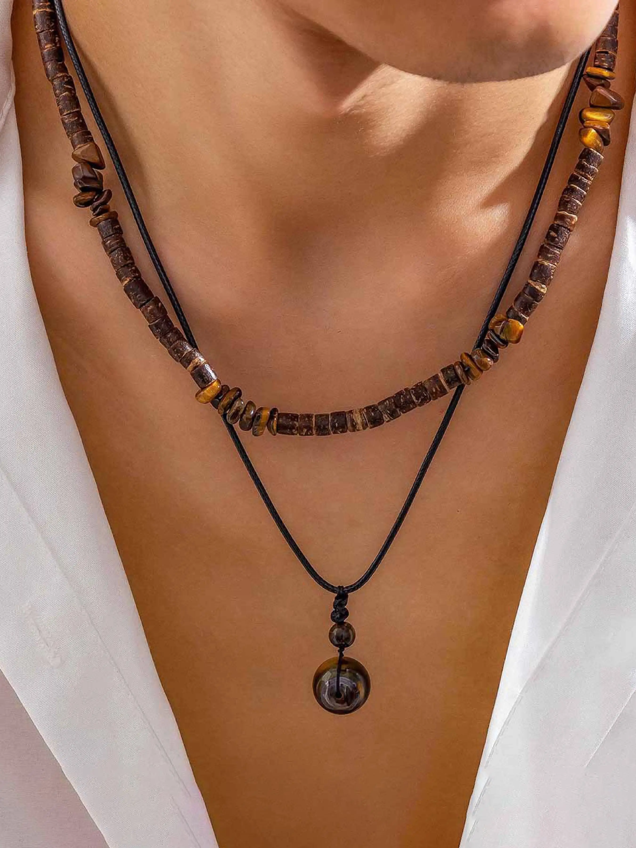 Men's Vintage Wooden Beads Necklace, Fashionable Double Layer Necklace for Party, Daily Decor, Trendy All-match & Exquisite Jewelry for Birthday Gift