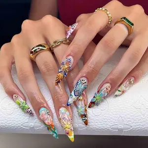 Colorful Butterfly Press On Nails 3D Garden Insect Nail Art With Flowers And Gems Glossy