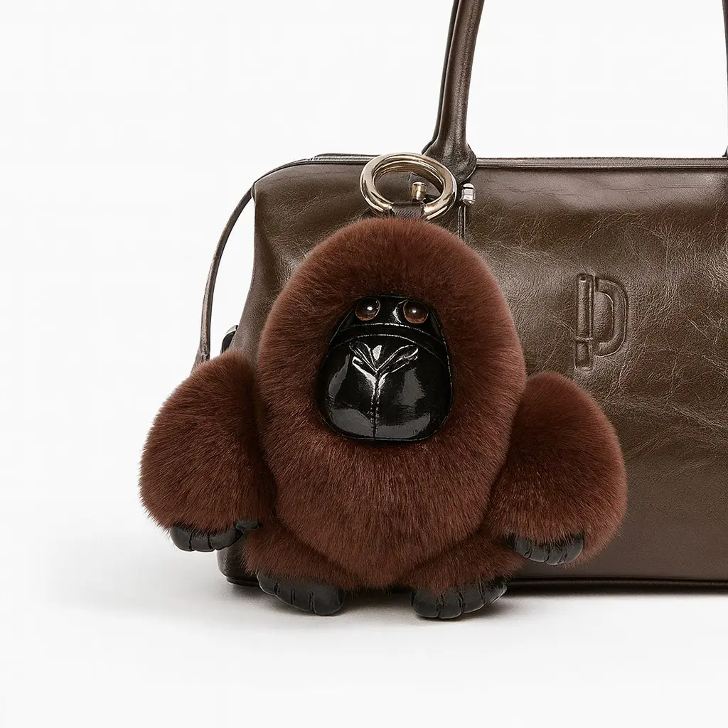 Luxury Furry Gorilla Keychain – Plush Bag Charm & Car Accessory for Women & Men – Cute Designer Animal Pendant Gift