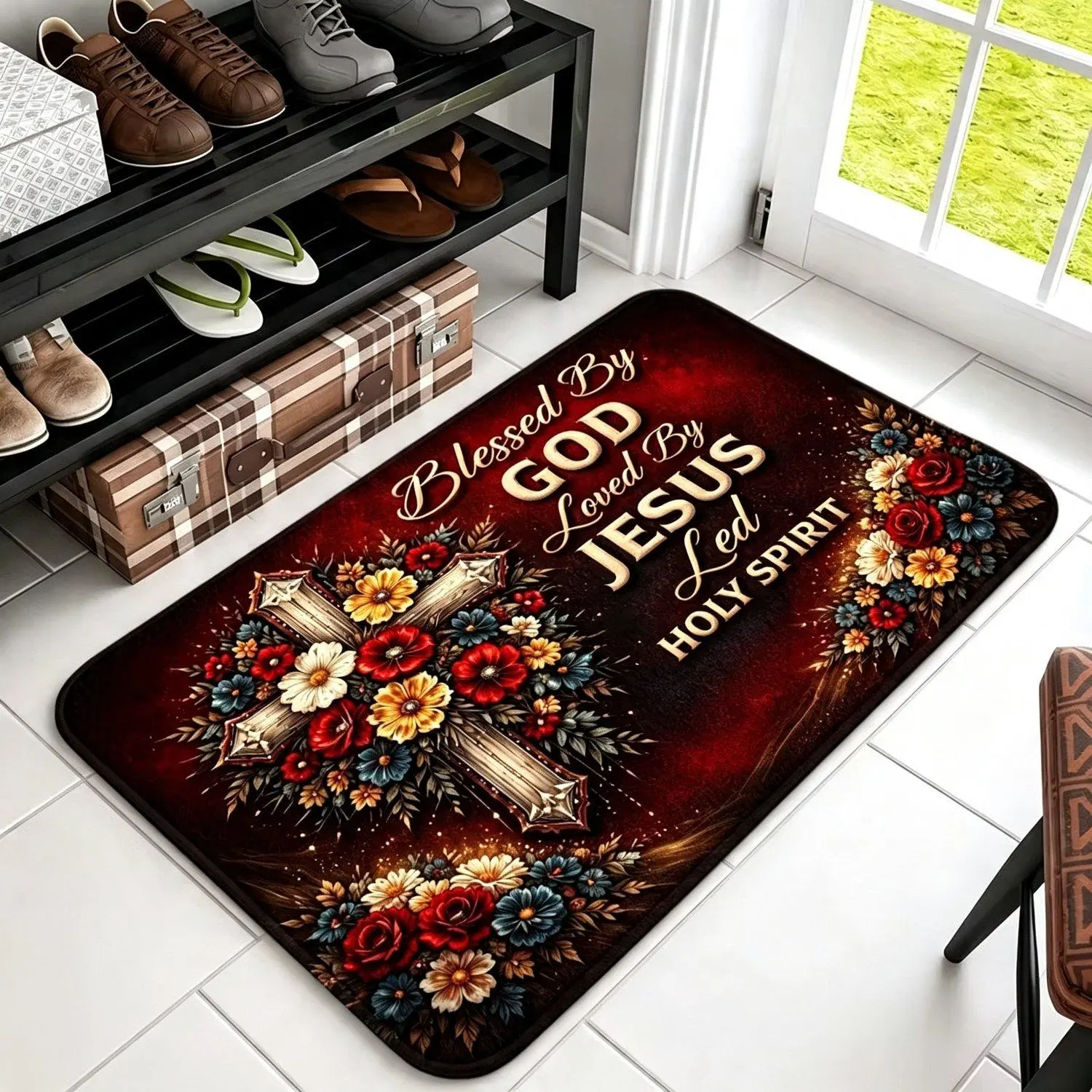 1pc Christian Floral Cross Blessed Doormat Suitable for /Outdoor Use Non-Slip  with Religious Cross, Carpet Suitable for Entrance, Front Door,, Porch, Balcony - Blessed by God Loved