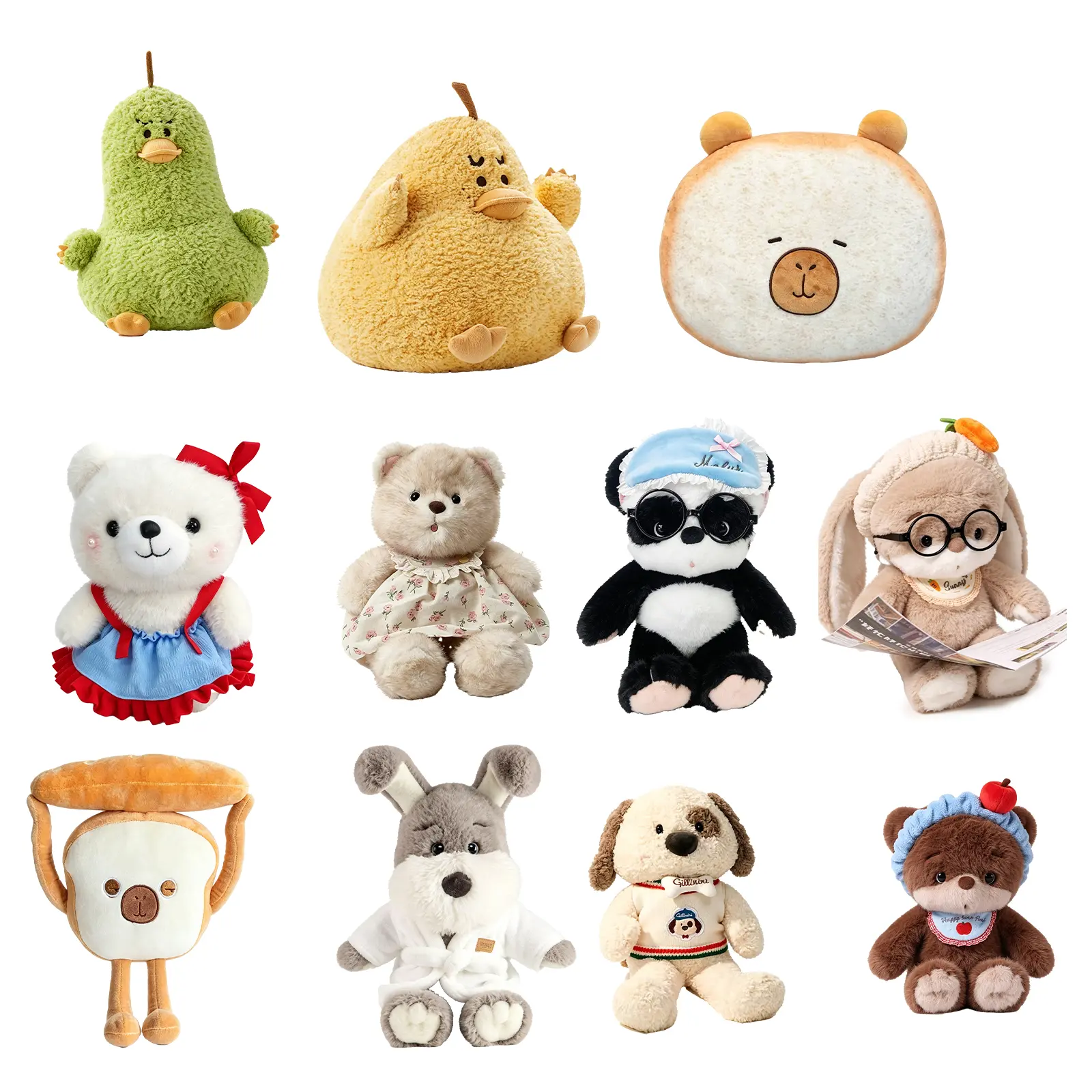 11Pcs Multi-Style Squishy Plush Stuffed Animals Collection, Fruit Pear Duck & Toast Capybara Plush Pillow, Outfit Wearing Bear Panda Rabbit Dog Plush Toy for Bedroom Ornament Holiday Present