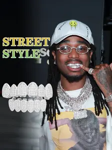 Hip-hop 6-tooth Full Zircon braces set, Tooth Gems, street style, Rapper, enhance temperament, hip-hop accessory, copper-inlaid zircon material, mouthpiece grade teeth glue