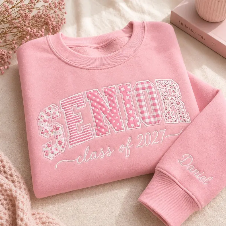 Personalized Senior Class of 2027 Embroidered Sweatshirt, Custom Name Sleeve Graduation Crewneck