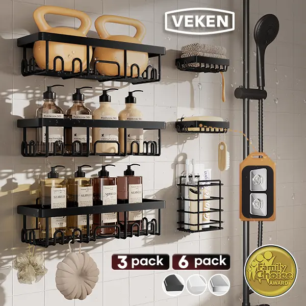 【Veken】 6-Pack Life-Changing Rustproof Shower Caddy, Effortless No-Drill Wall Shelves with Soap Holder, End Bathroom Clutter for Good, Multi-use Kitchen & Home Storage