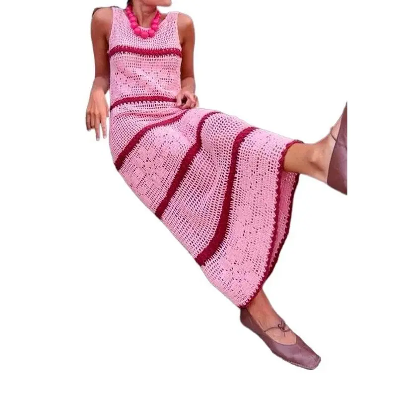 LYX- Women's Colorblock Crochet Sweater Dress, Casual Sleeveless Knitwear for Summer, Fashion Women's Clothing for Daily LYX- Women's Colorblock Crochet Sweater Dress, Casual Sleeveless Knitwear for Summer, Fashion Women's Clothing for Daily