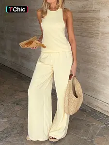 Women's Solid Color Backless Halter Top with Tie Back, Minimalist Casual Sleeveless Crop Top Fit and Wide Leg Pants Set for Everyday Style