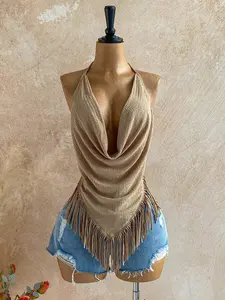 MCKAURA Women's Vacation Casual Textured Knit Halter Neck Sleeveless Top With Tassel Hem Suitable For Beach Holiday