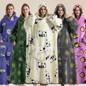 Winter Panda Print Cute Elegant Casual Long Blanket Loungewear, Hooded Pocket, Soft Comfortable Unisex Home Sleepwear, Figure Print Blanket,Christmas Gifts For GF