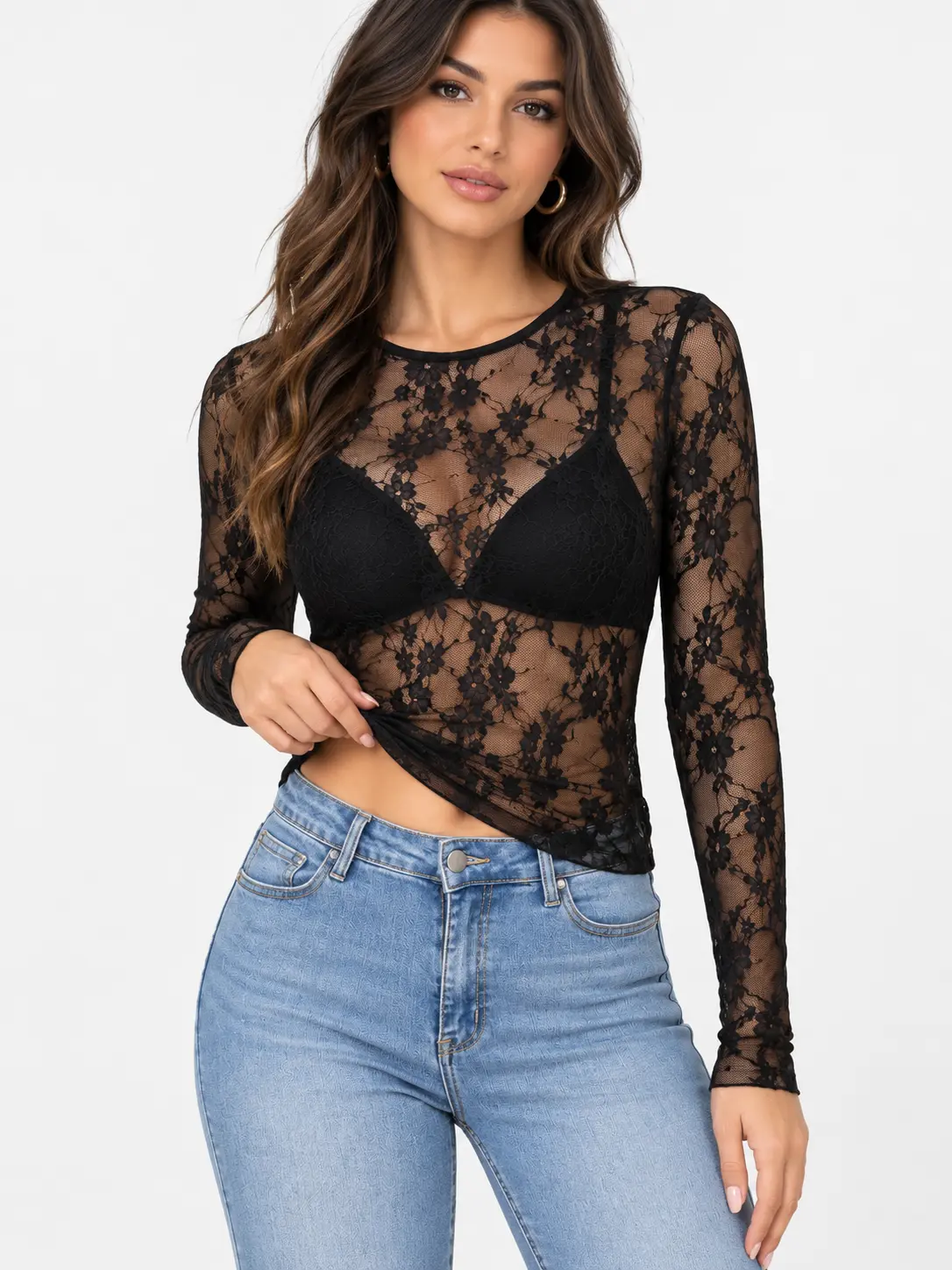 Women's Elegant Mesh Lace Long-Sleeve Skinny Blouse - Sexy Floral Embroidery Sheer See-Through Crewneck Piece, Lightweight Layering Undershirt for Lady Y2K Going Out Party Outfit,sohochic