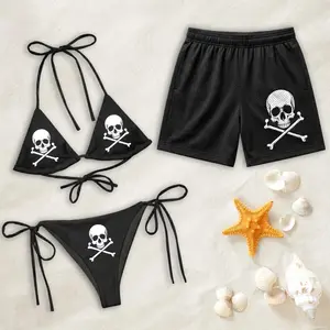 Matching Couple Swimwear Skull Bikini Set, Gothic Skull & Crossbones Halter Bikini & Swim Trunks, Punk Beach Outfit, Great Gift for Him and Her