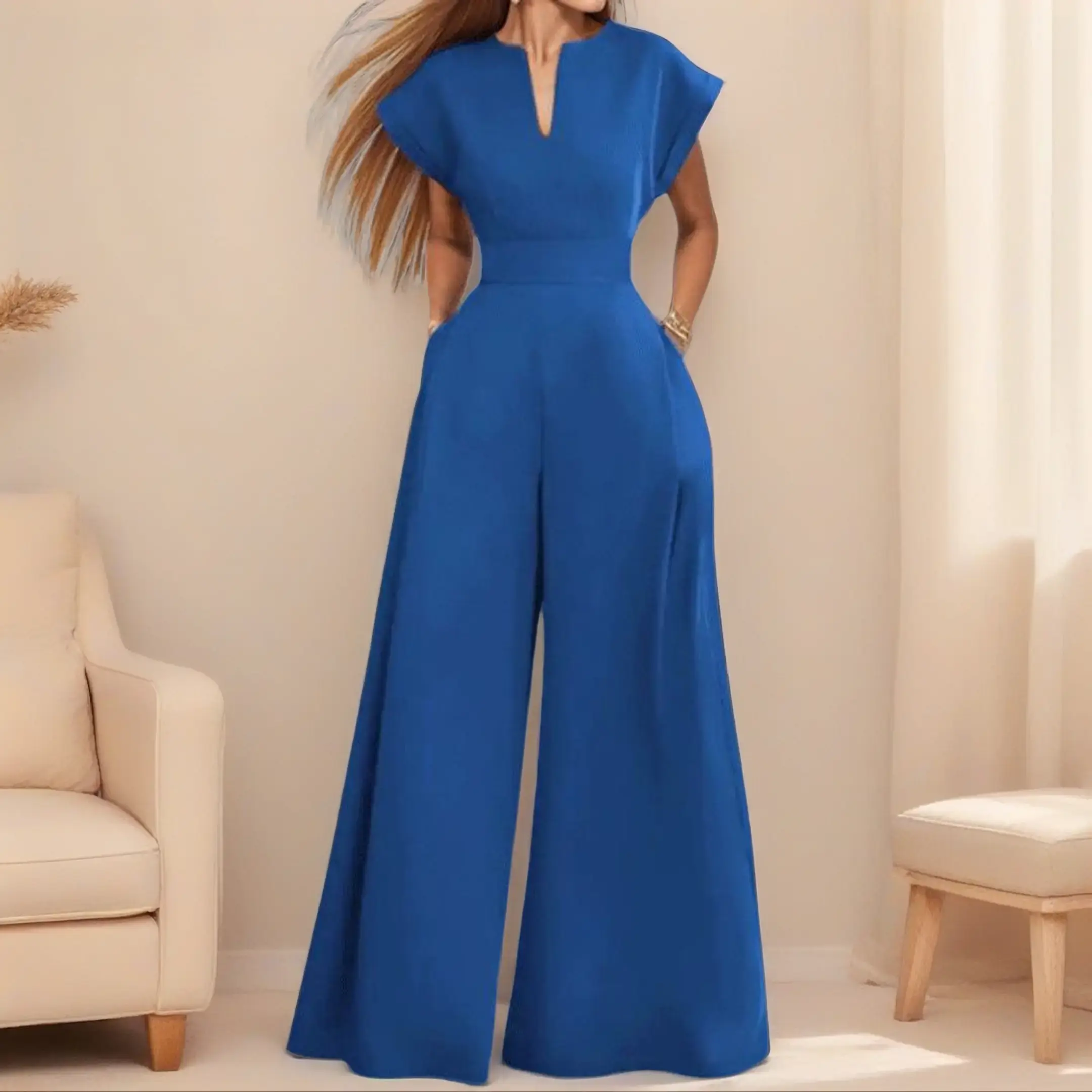 Women's European-American Style Solid-Color High-Waisted V-Neck Wide-Leg Jumpsuit, Trendy New Arrival with Elegant Look Chic Cotton