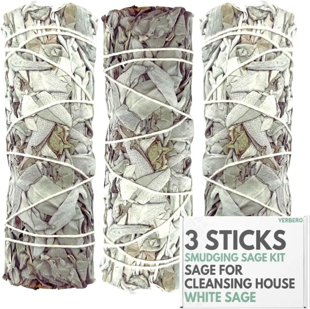 (Pack of 3)-Yerbero - Premium 4 Inches Long White Sage. 3 Hand Tied Bundles Smudging Kit for Home Cleansing, Meditation. Purifying Ceremonial Ritual