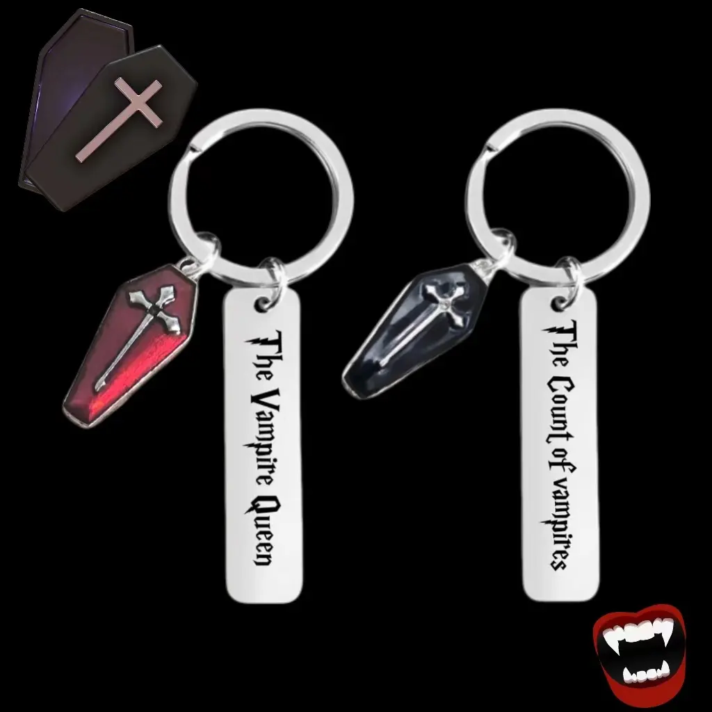 Vampire Couple Keychain Set, Stainless Steel Engraved "Count of Vampires & Vampire Queen", Gothic Coffin Cross Charm Key Ring, Retro Halloween Spooky Bag Accessory, Matching Gothic Gift For Goth Couple Halloween Party