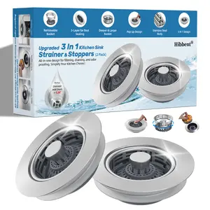 Hibbent Upgraded 3 in 1 Kitchen Sink Drain Strainer, Stainless Steel Pop Up Sink Stopper, Larger Anti-Clogging Basket, 3-Layer Seal, Detachable Drain Plug for US Standard 3-1/2" Drain, Brushed Nickel