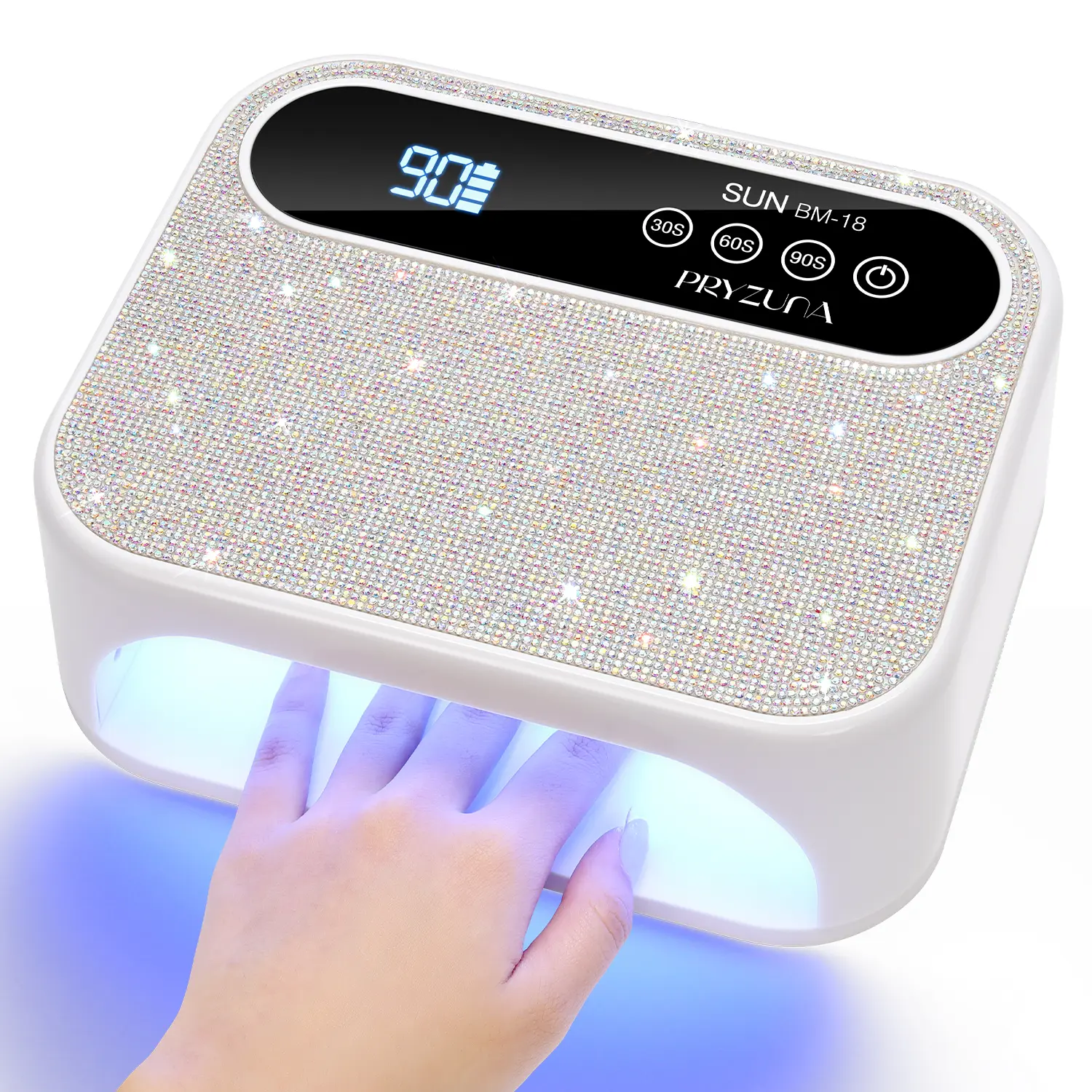 PRYZUNA Chic Rechargeable Cordless Dual Light UV LED Nail Lamp - 42 LEDs Luxury Gel Dryer with Rhinestone Decor, LCD Touch Screen, Auto Sensor, Touch Timer, 3 Timers, Fast Cure, Removable Design for Salon & Home Nail Care (Batteries Included), Motion Sens