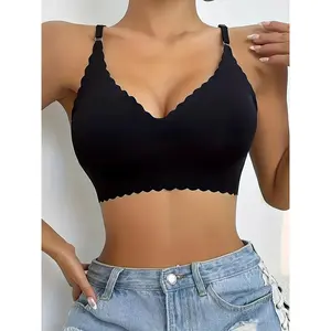 High-Quality Seamless Ice Large Size Sports Bra with Wavy Lotus Lace V-Neck And No Underwire for Women
