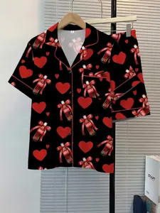 Women's Sleepwear Pajama Short 2-Piece Set, Heart Coca-Cola Print Pattern, Comfortable Fitted Night Home Wear, Fashion Soft Fabric, Casual Daily Use