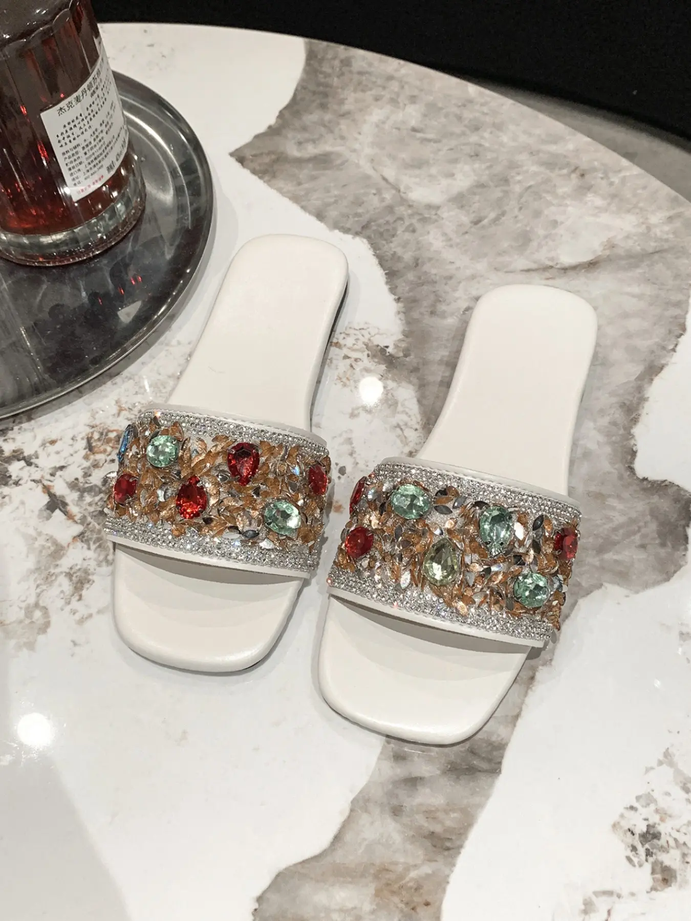 Colorful Gemstone Rhinestone Flip Flops, Summer Versatile Luxury Style Flat Open Toe Sandals, Lightweight Comfortable Outdoor Wear, Casual Flat Sandals