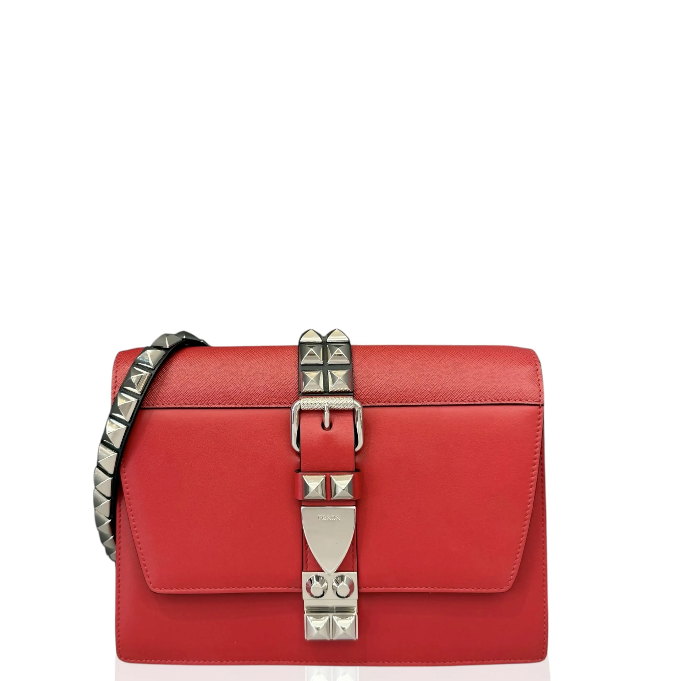 Pre-owned PRADA Leather Shoulder Bags Studded Shoulder Bag Calfskin Red (gy020626b2)
